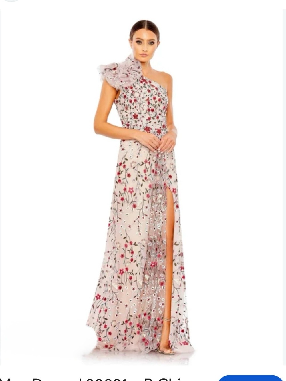 Mac Duggal Blush One-Shoulder Floral Embellished Gown with Ruffle Shoulder
